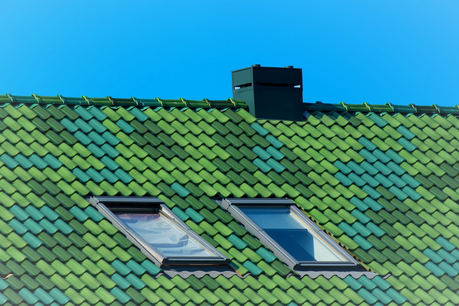 Deux fenêtres de toit dans un toit de tuiles vertes, Velux et coupoles à Liège