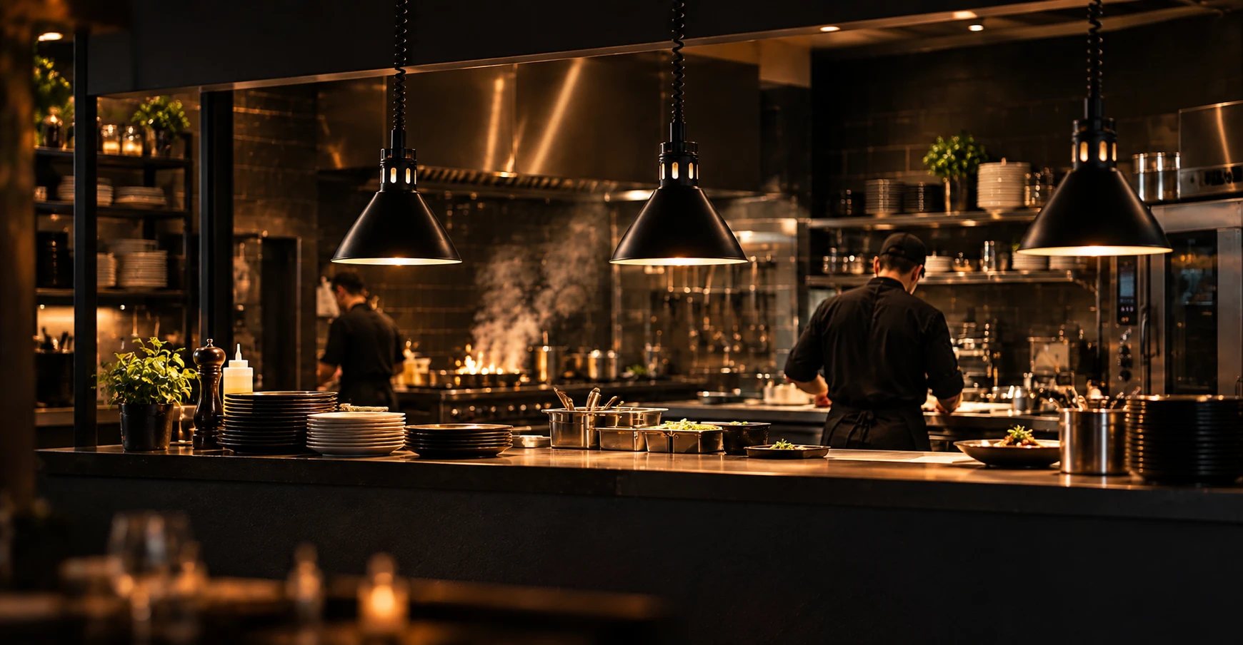 Photo d’illustration — cuisine ouverte, suspensions noires au-dessus du passe, cuisiniers au travail, lumière chaude