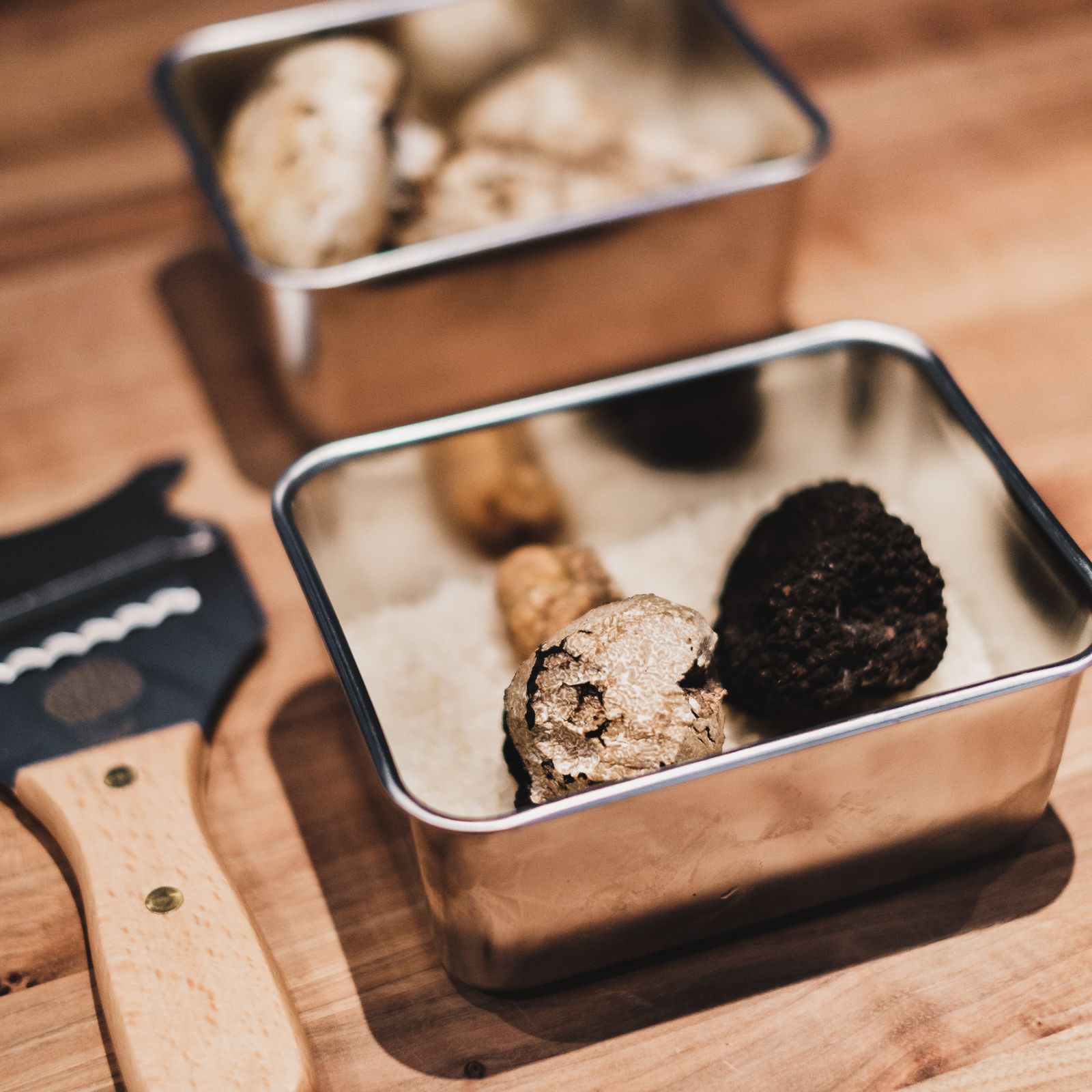 Photo d’illustration — truffe noire et champignons bruns sur surface sombre, gros plan, lumière rasante
