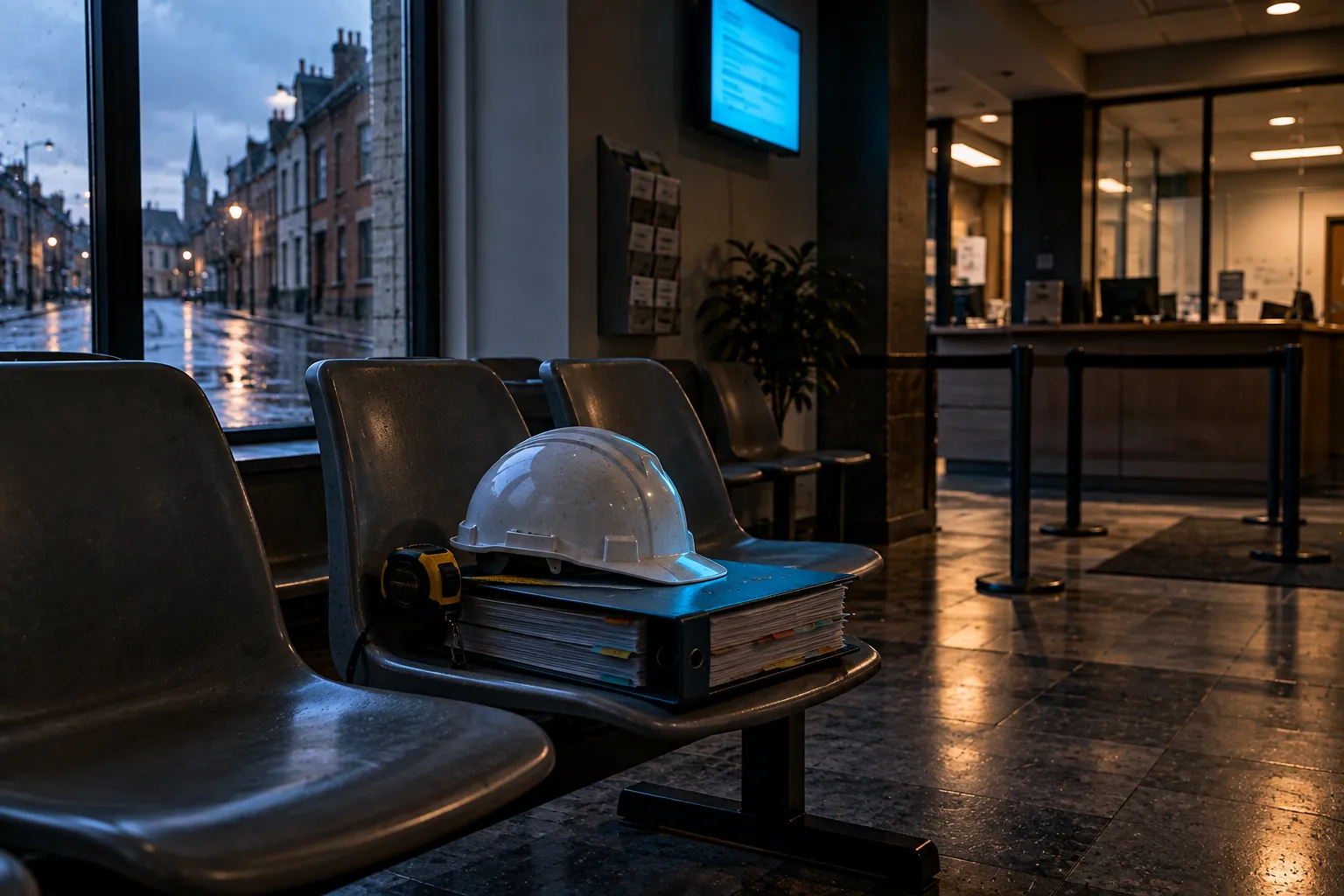 Salle d'attente vide d'un bureau administratif, tôt le matin : une farde de documents, un casque de chantier et un mètre ruban sur une chaise, les preuves de l'accès à la profession construction Wallonie