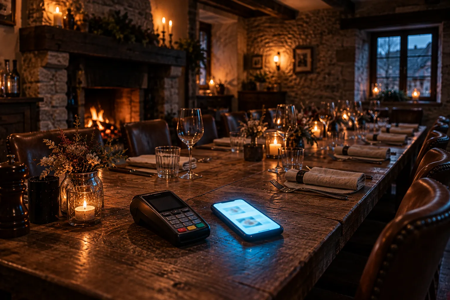 Acompte réservation restaurant : longue table dressée pour un groupe dans une ancienne ferme, bougies allumées, terminal de paiement éteint et GSM allumé