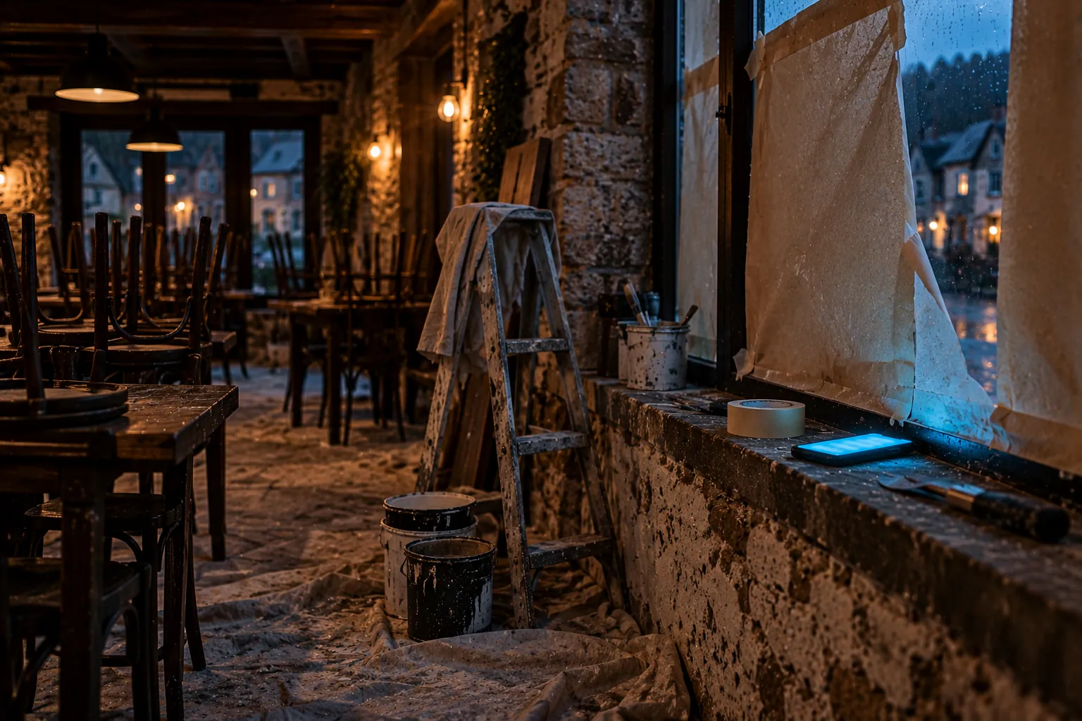 Annonce ouverture restaurant : la salle d'un restaurant de village en travaux, au crépuscule, avec un escabeau, des chaises retournées et un GSM allumé sur le rebord d'une vitrine à moitié couverte de papier kraft