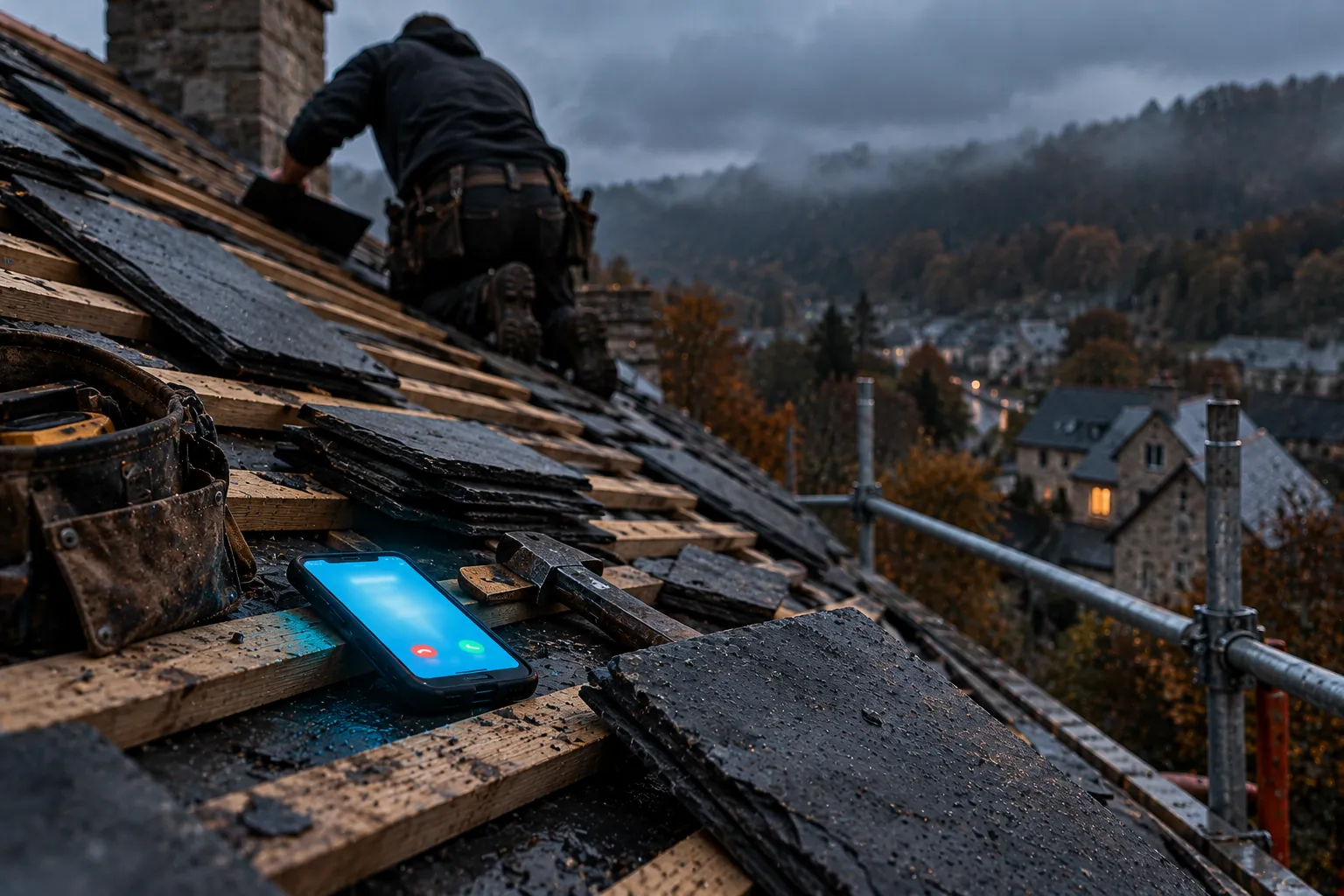 Sur le toit d'une ferme en pierre en réfection, un GSM allumé près d'un marteau de couvreur, l'artisan de dos plus haut : l'appel manqué derrière l'artisan qui ne rappelle pas