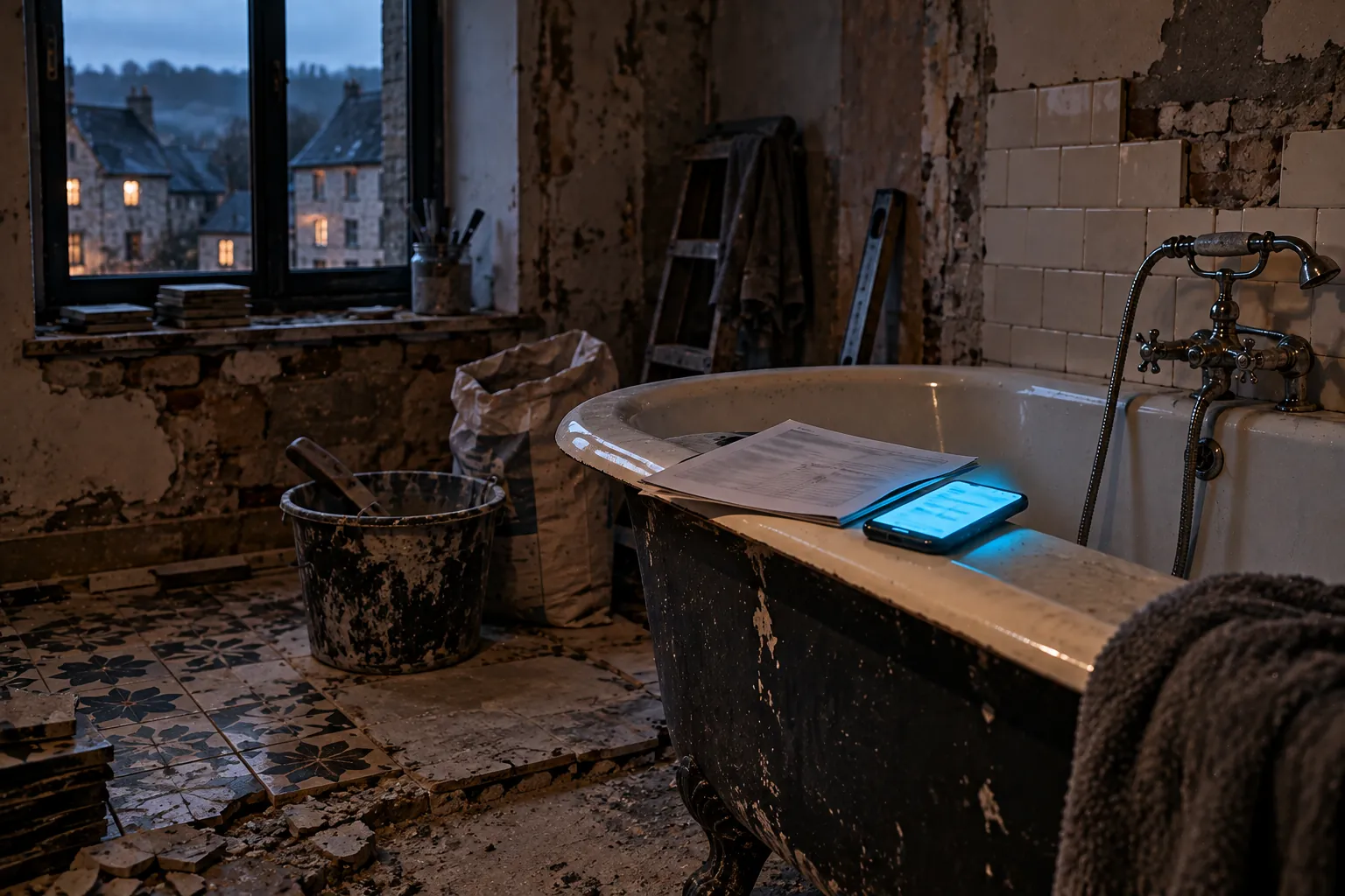 Salle de bain en rénovation dans une maison ancienne : sur le rebord de la baignoire, une facture pliée près d'un GSM allumé, pour illustrer l'attestation TVA 6 %
