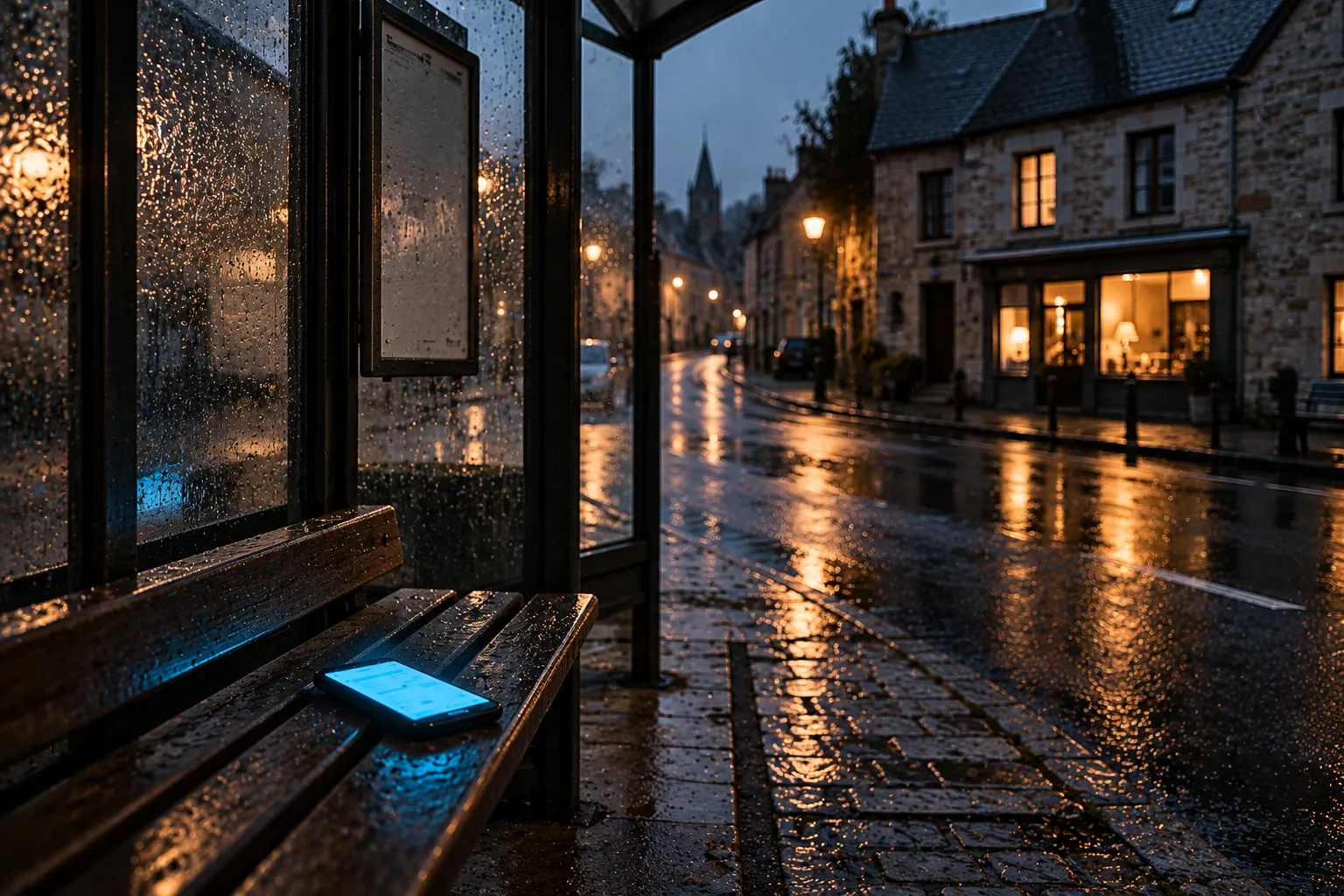 Abribus de village sous une pluie fine, à la tombée du jour : sur le banc, un GSM à l'écran illisible et à la lueur cyan, un petit commerce éclairé au fond. Illustration d'un avis Google en attente