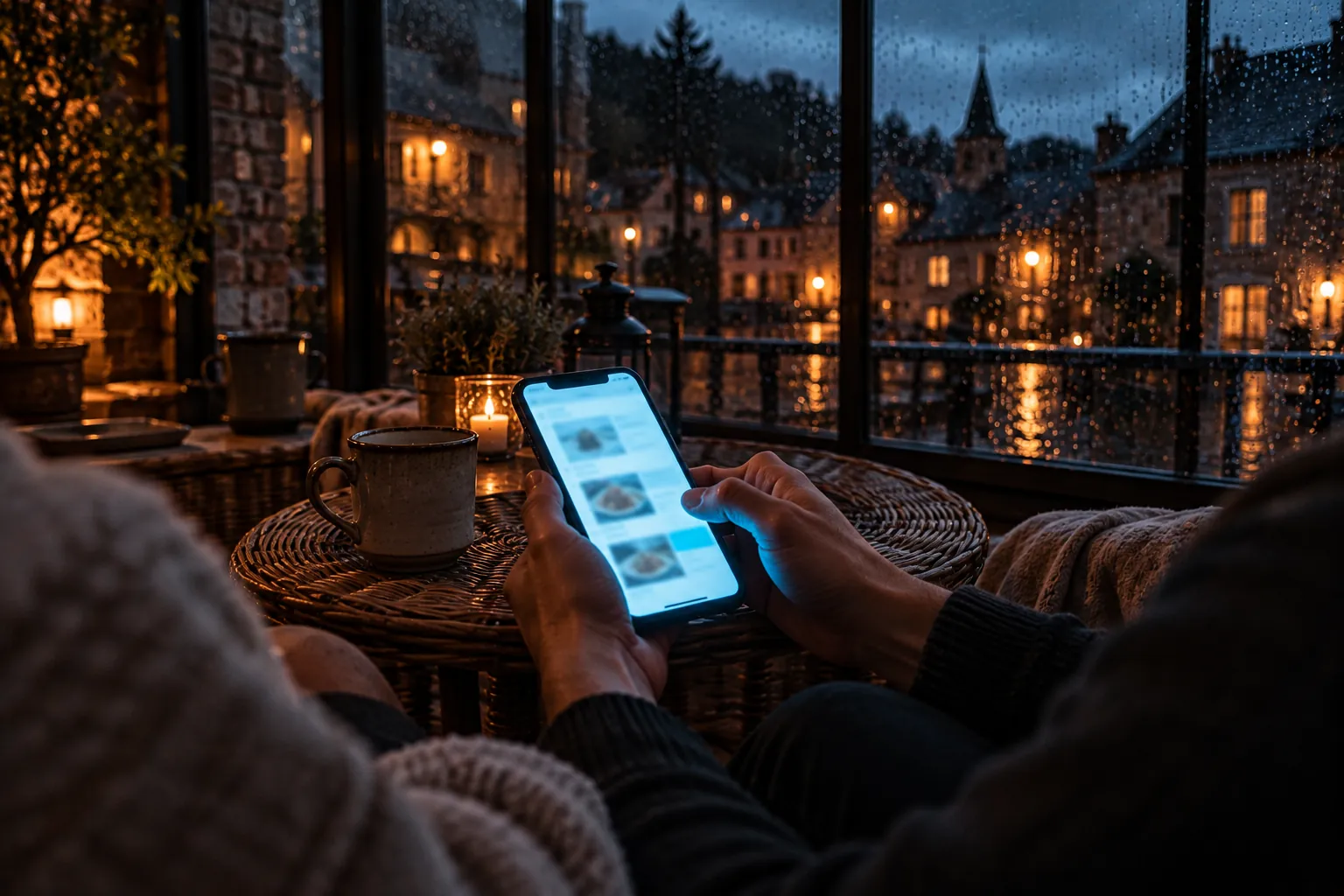 Un dimanche soir de pluie, dans la véranda d'une maison en briques, deux mains tiennent un GSM à l'écran illisible et à la lueur cyan : illustration du bouton Réserver Google, vu par un client