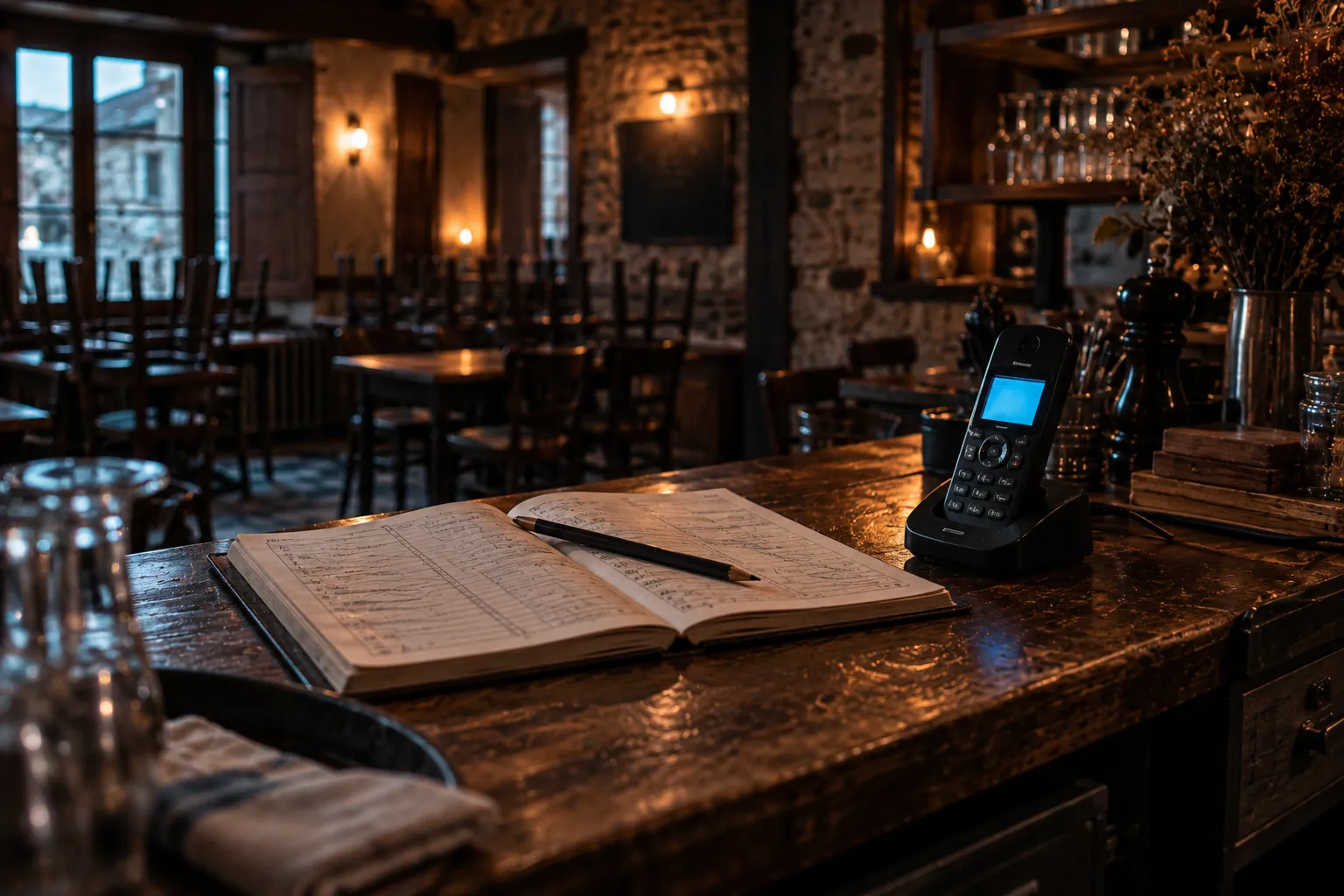 Cahier de réservation restaurant ouvert, pages raturées au crayon, au bout du comptoir d'une taverne en pierre un lundi de fermeture, près d'un téléphone sans fil à l'écran illisible et à la lueur cyan