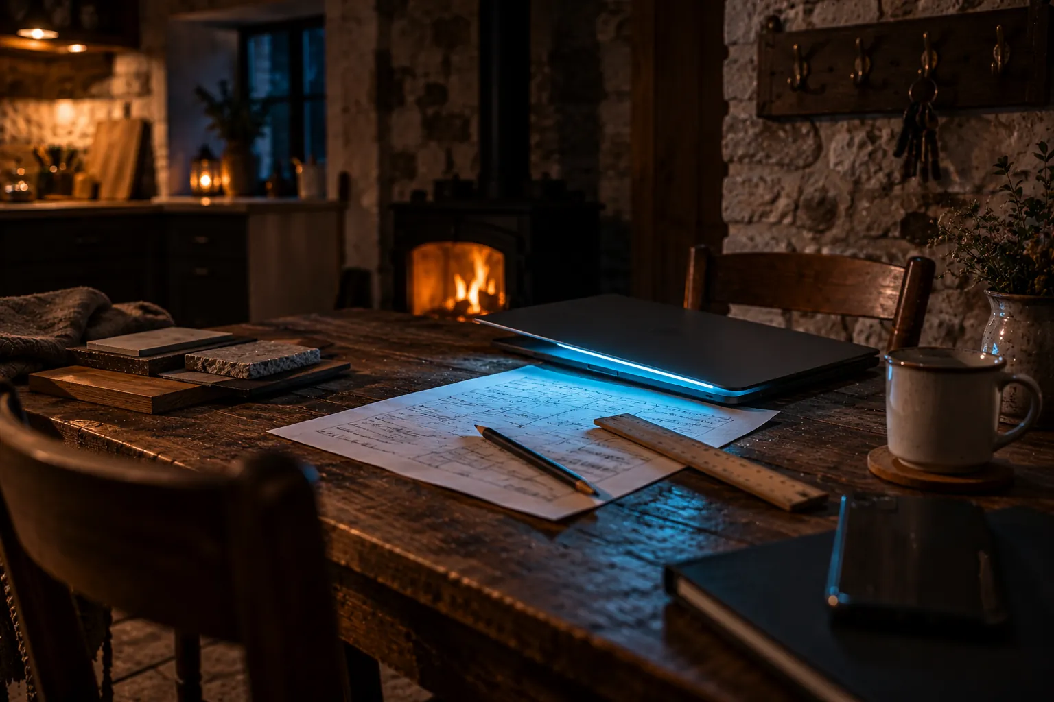 La nuit, dans la cuisine d'un gîte en pierre, une feuille manuscrite illisible, un crayon et une règle sur une table en chêne, près d'un ordinateur portable presque fermé à la lueur cyan : le cahier des charges site internet d'une page