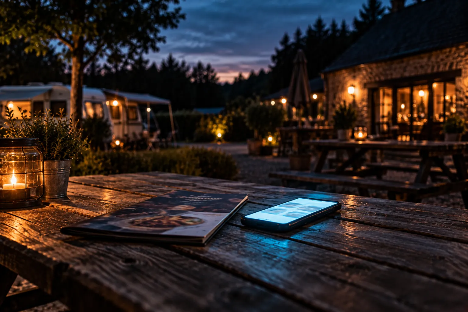 Au crépuscule, sur la table en bois d'un camping de la vallée de l'Ourthe, une carte papier pliée près d'un GSM dont l'écran illisible diffuse une lueur cyan : choisir où manger en ouvrant une carte restaurant en ligne