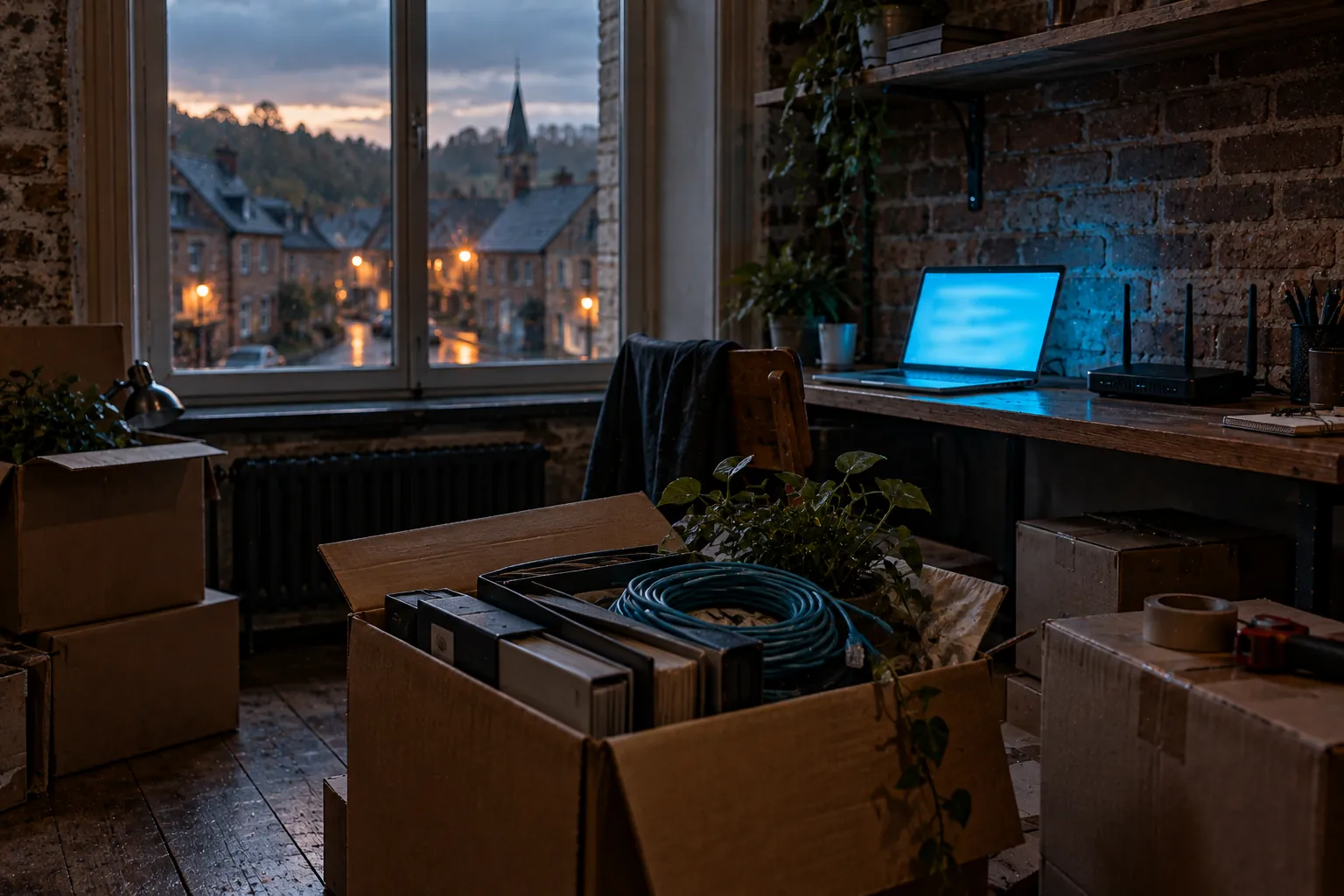 Le soir, dans un petit bureau à l'étage d'une maison de rangée en briques, des cartons de déménagement à moitié remplis et un ordinateur portable à la lueur cyan sur une étagère vidée : changer d'hébergeur en gardant son nom de domaine
