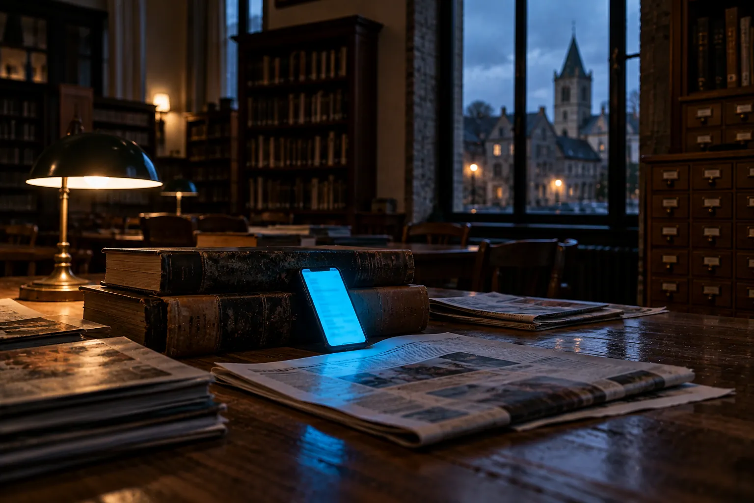 Un GSM allumé appuyé contre des journaux reliés, sur la table de lecture d'une bibliothèque communale le soir, pour illustrer comment apparaître dans ChatGPT
