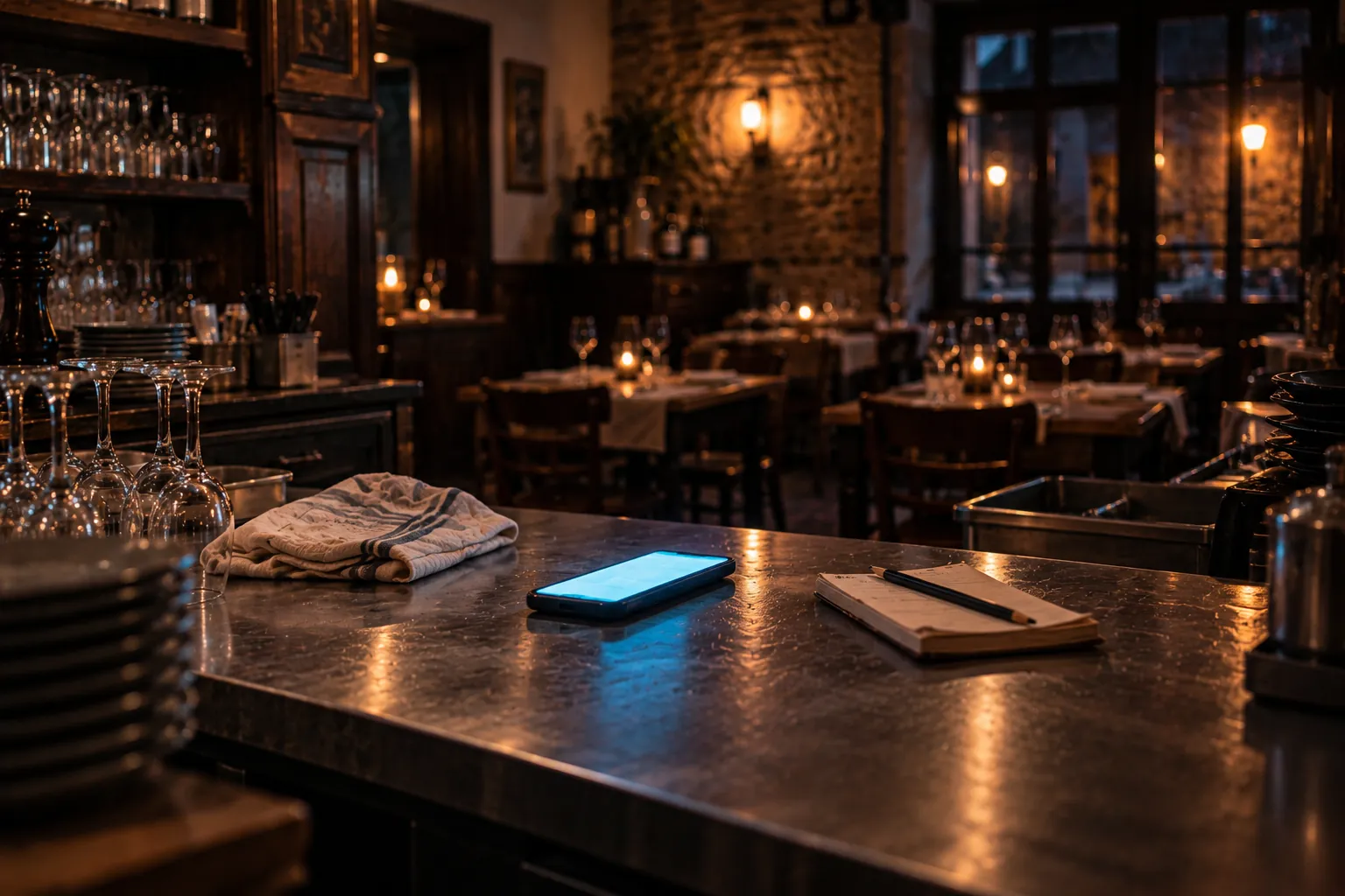 Confirmation réservation restaurant : après le service, un GSM allumé posé à plat sur le comptoir en zinc d'un petit restaurant, près d'un torchon plié et d'un carnet de commandes fermé