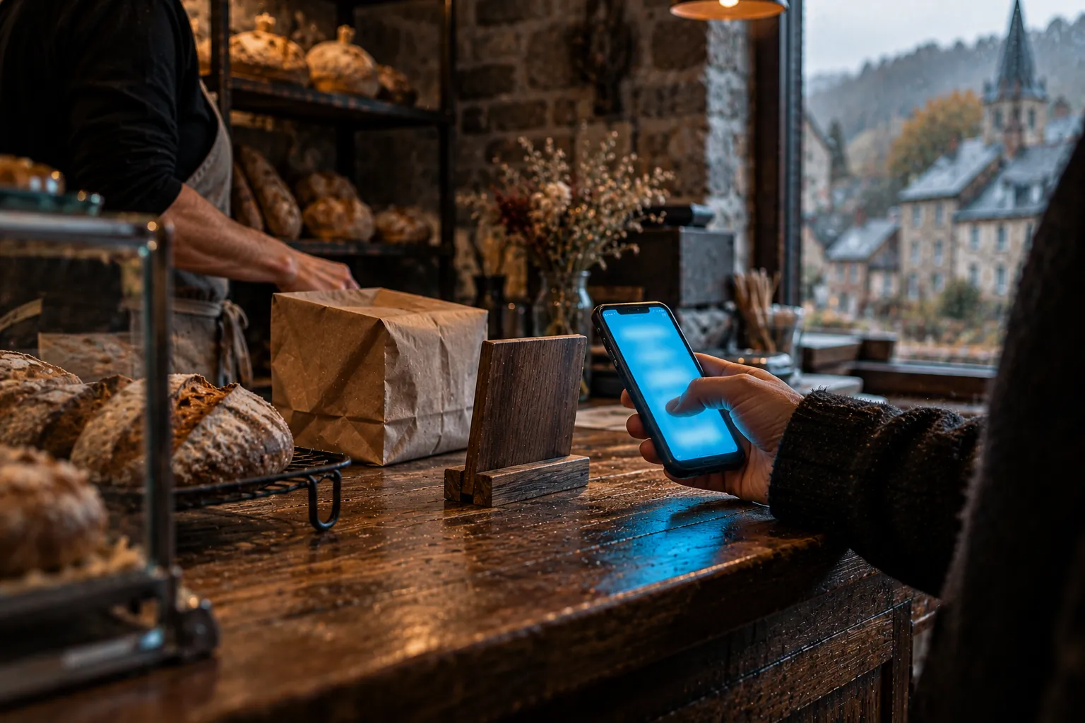 Comptoir d'une boulangerie de village par une fin de matinée grise : un petit présentoir en bois vu de dos, un sachet en papier kraft et la main d'un client tenant un GSM à l'écran illisible, au moment de demander des avis Google