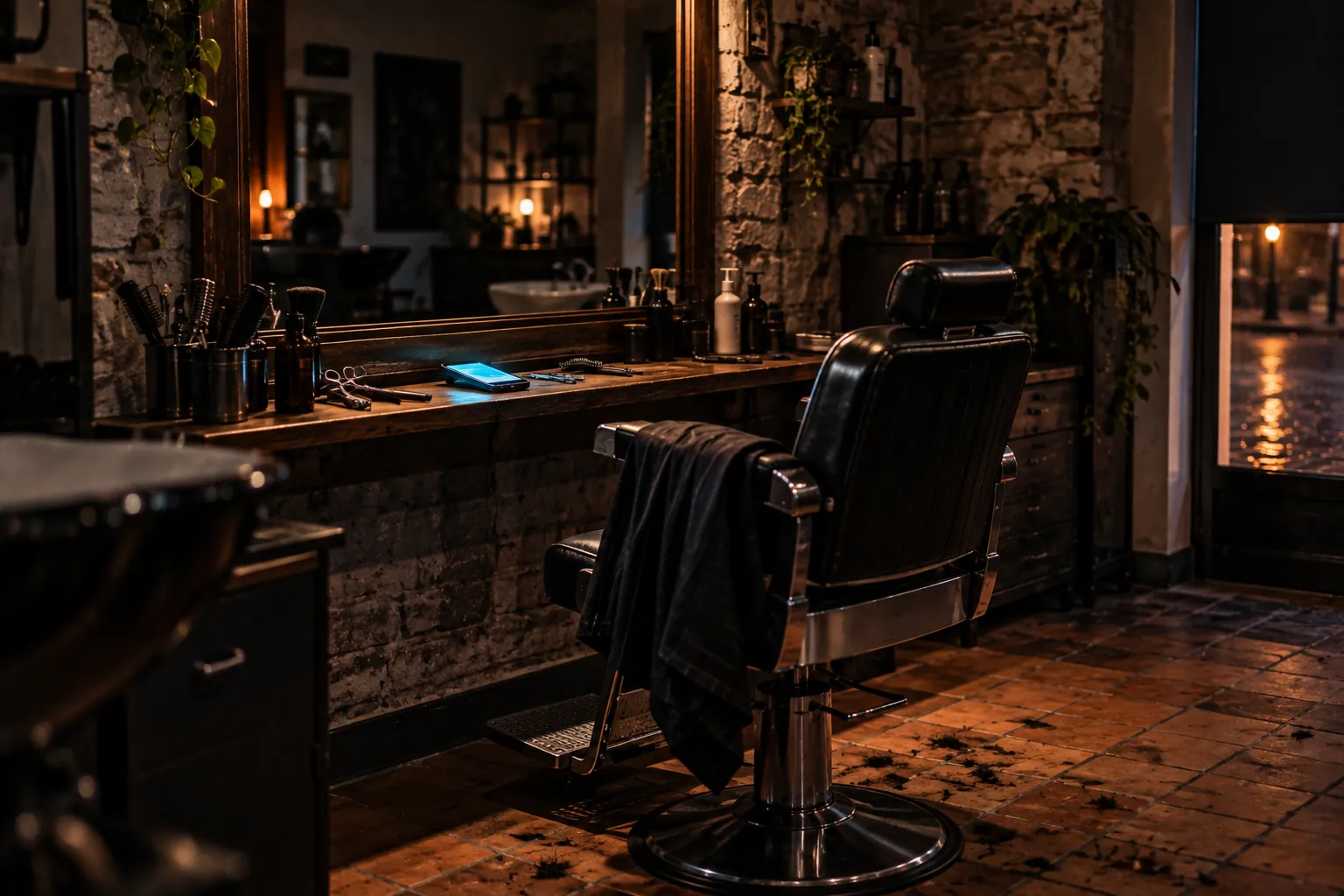Salon de coiffure de village juste après la fermeture : un fauteuil vide tourné de biais et, sur la tablette, un GSM allumé parmi les ciseaux, au moment de vérifier sa fiche Google My Business