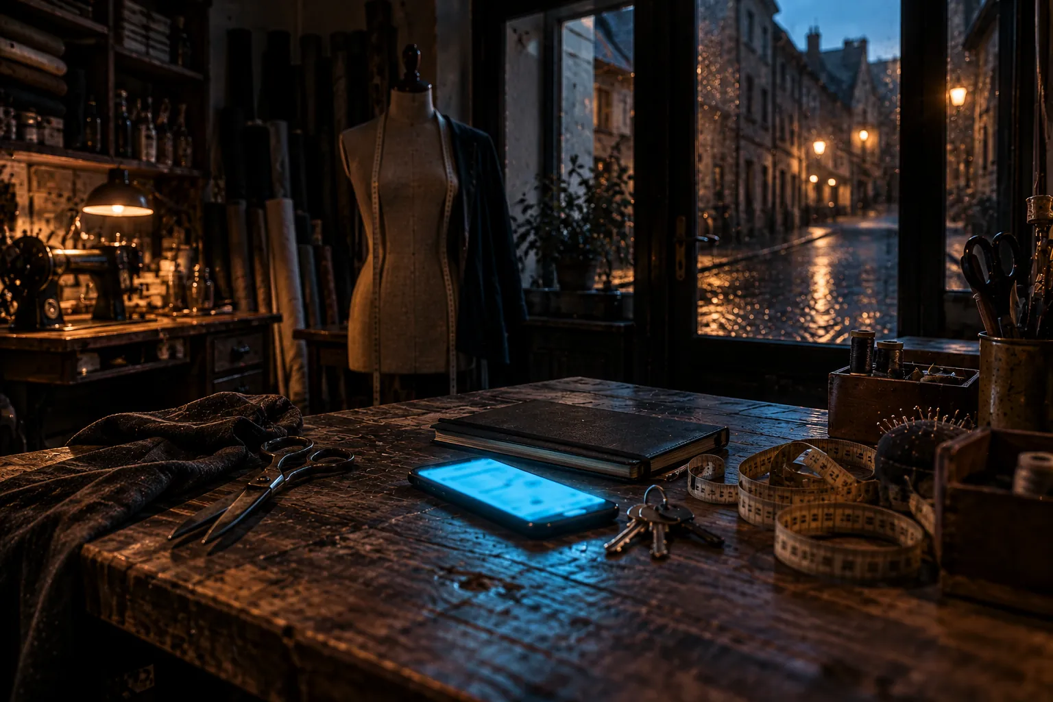Atelier de retouches fermé, le soir : sur la table de coupe, un GSM posé à plat éclaire d'une lueur cyan un trousseau de clés et un carnet, pour illustrer une fiche Google suspendue
