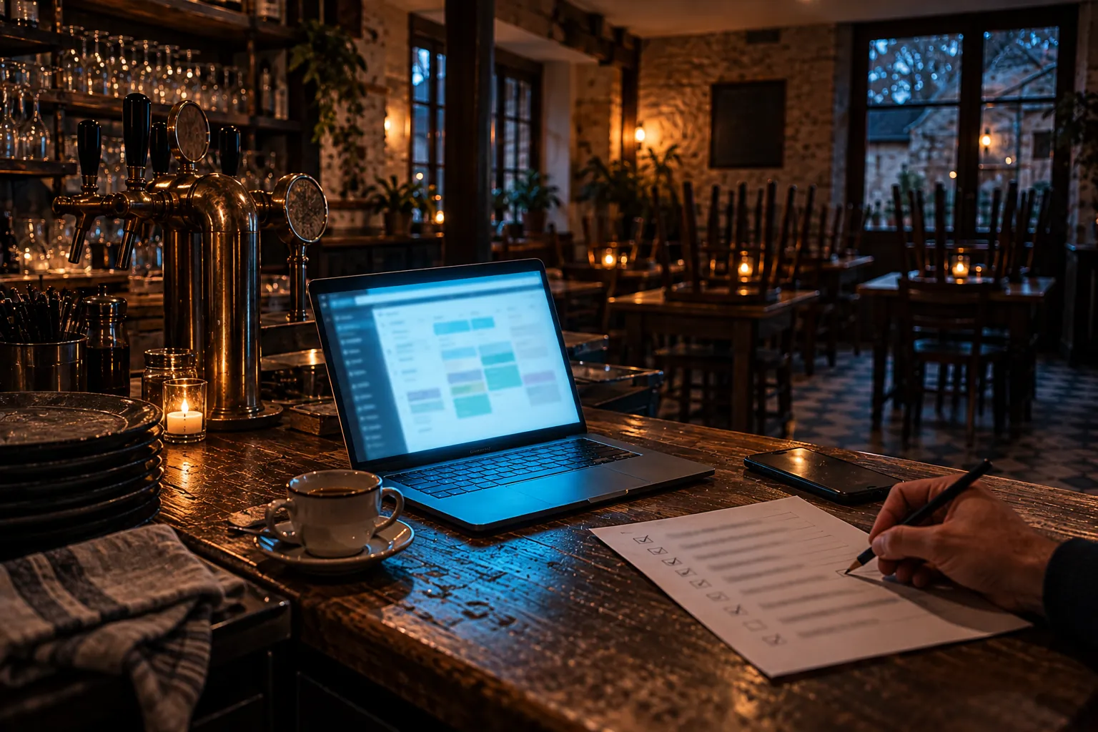 Sur un comptoir de café, un ordinateur portable ouvert à l'écran flou et une main qui coche une liste pour choisir un logiciel réservation restaurant gratuit