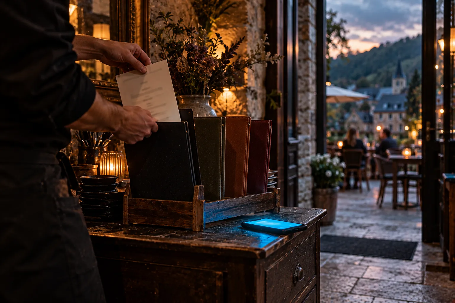 Dans l'entrée d'une auberge en pierre, quatre cartes de menu de couleurs différentes dans un porte-cartes en bois, une main qui y glisse une feuille et un GSM allumé : illustration pour un menu restaurant en néerlandais