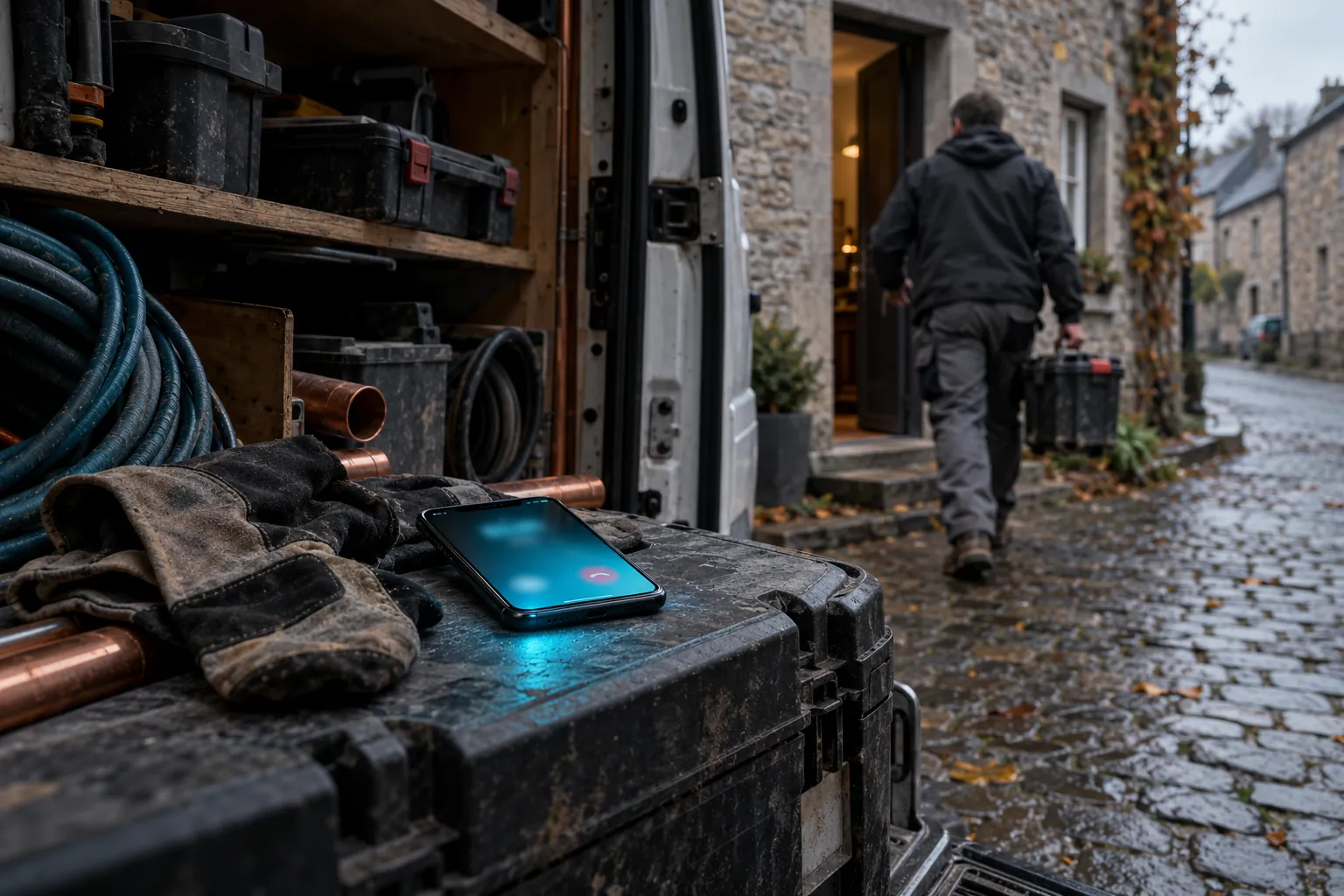Un GSM allumé sur une caisse à outils, dans la porte ouverte d'une camionnette blanche, pendant que l'artisan s'éloigne de dos vers une maison en pierre : illustration d'un message répondeur professionnel