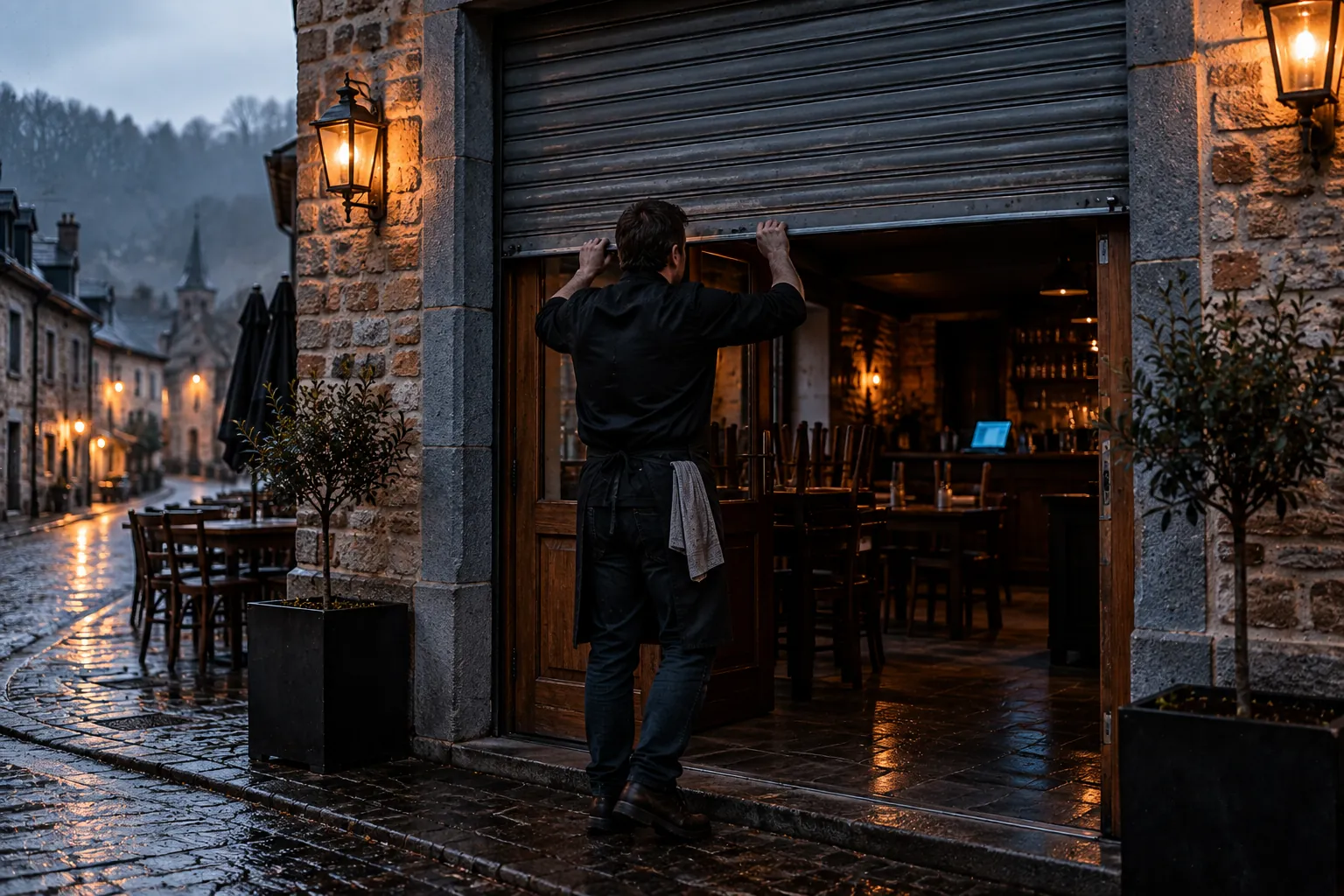 Modifier horaires Google : à l'aube, un restaurateur vu de dos lève le rideau métallique de son restaurant ; au fond, un ordinateur portable à la lueur cyan