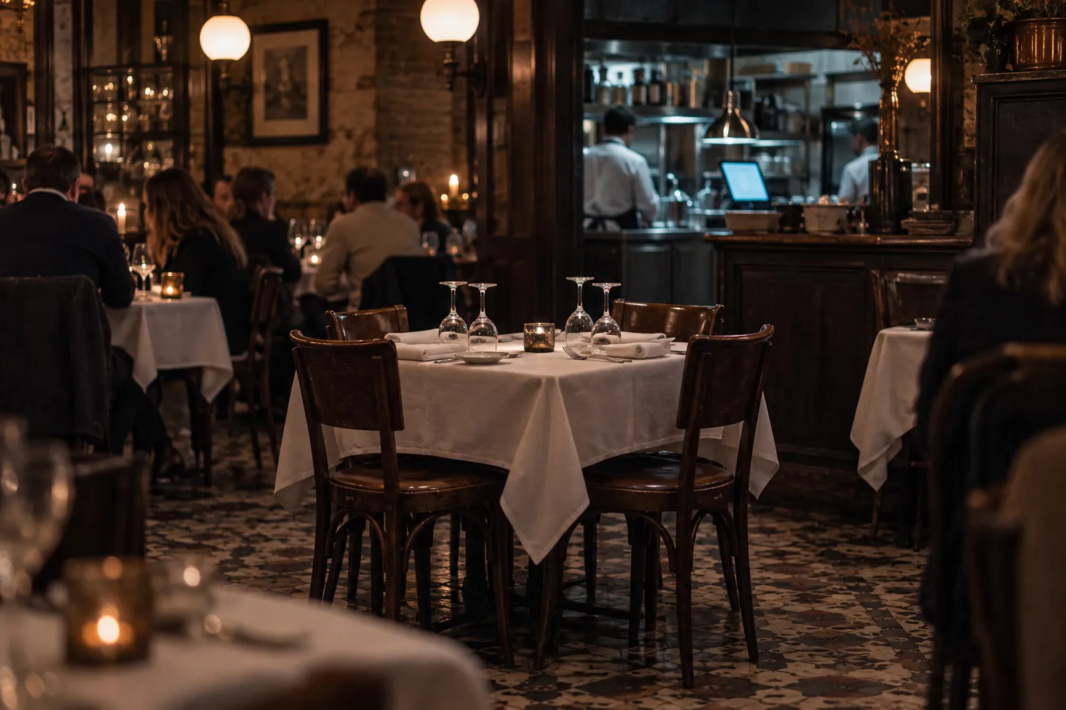 No show restaurant : un samedi soir, dans une brasserie au sol en carreaux de ciment, une table dressée pour quatre reste intacte au milieu du service