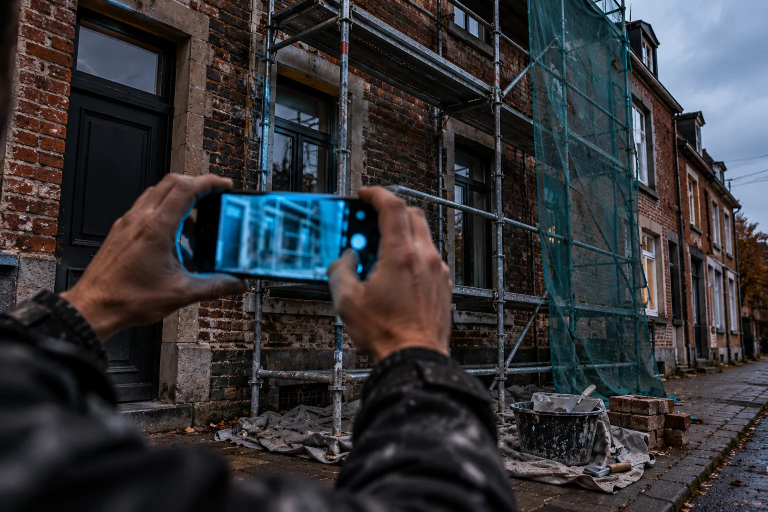 Deux mains tiennent un GSM à l'horizontale face à une façade en briques sous échafaudage, une bâche, un seau et une truelle au pied : le moment de la photo avant après chantier