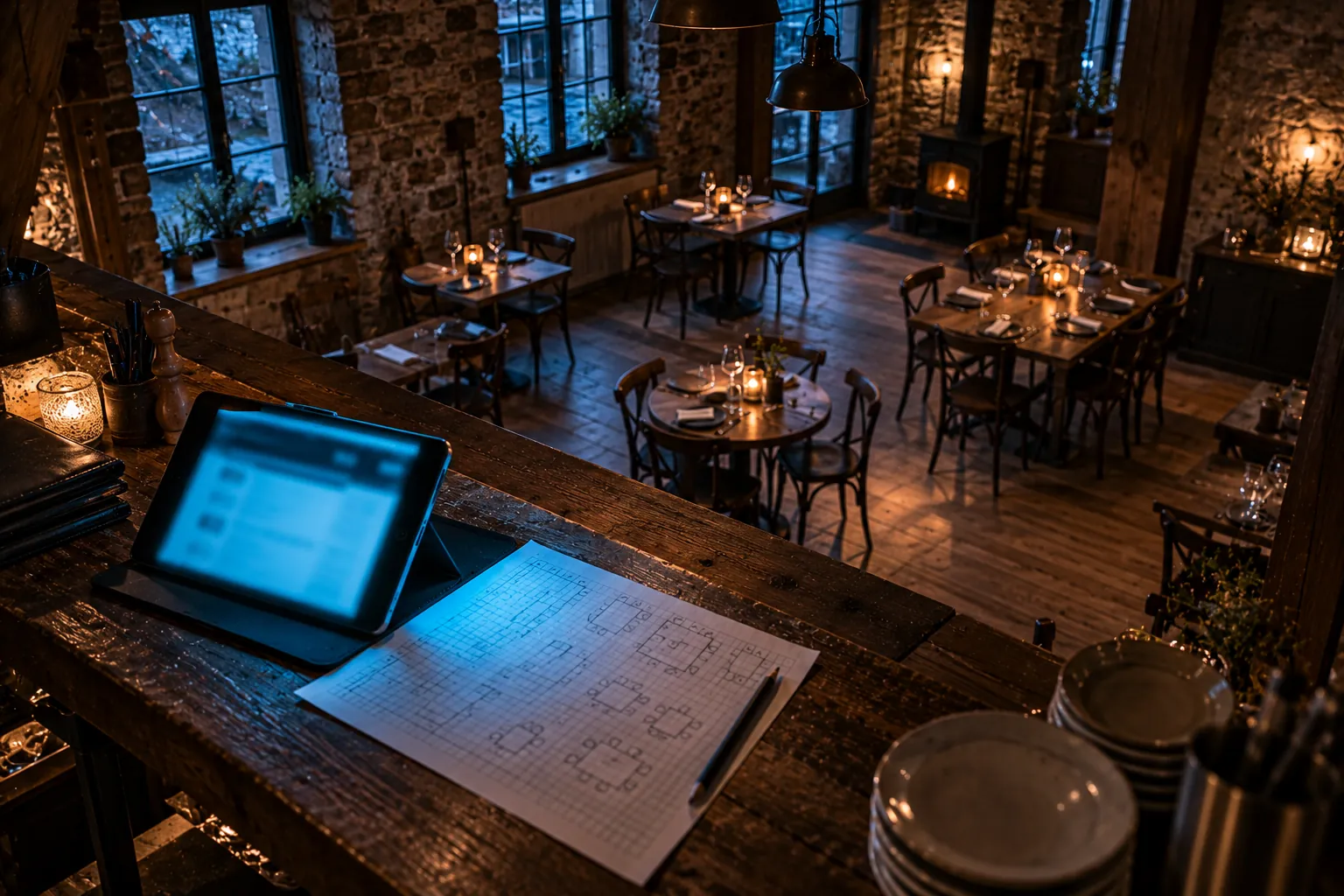 Vue plongeante sur la salle d'un ancien moulin devenu restaurant, un matin avant le service : tables de 2 et de 4 dressées, deux tables rapprochées, et un plan de salle restaurant au crayon éclairé par une tablette