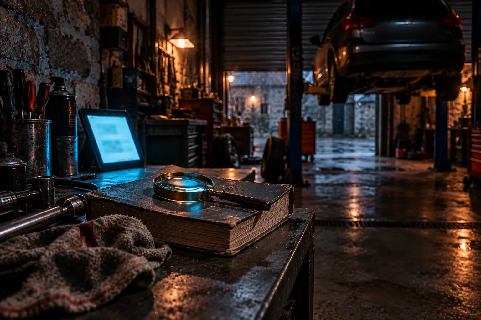 Le soir, dans l'atelier d'un garage de village, une loupe posée sur un vieil annuaire papier fermé, près d'une tablette allumée, pour illustrer la question « pourquoi mon entreprise n'apparaît pas sur Google »