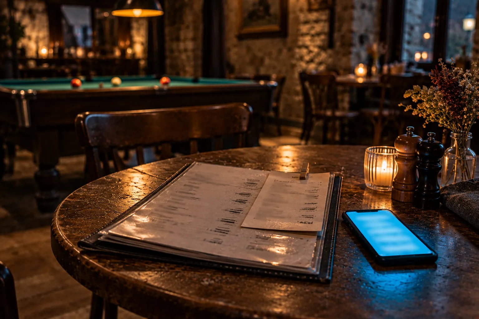 Prix site internet restaurant : une carte plastifiée aux prix corrigés au marqueur, avec un feuillet de saison, sur une table ronde de café-brasserie de village, près d'un GSM allumé ; au fond, un billard