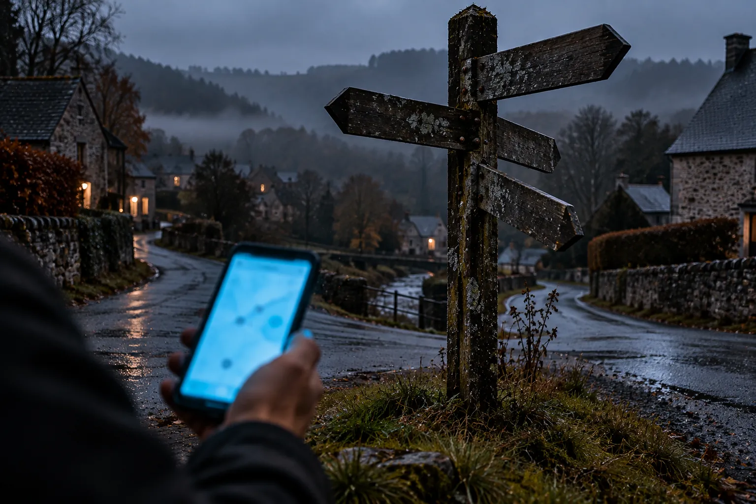 Un soir de brume, un poteau indicateur aux flèches illisibles à un carrefour de village en pierre, et une main qui tient un GSM allumé : illustration du référencement local