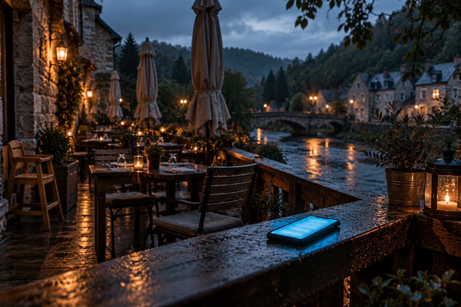 Référencement restaurant Google : terrasse en bois vide au bord de l'Amblève, parasols fermés, chaise haute contre un mur de pierre, et un GSM allumé posé sur la rambarde