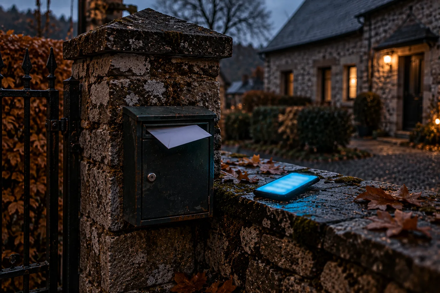 Relance devis : au crépuscule, une enveloppe blanche à moitié glissée dans la boîte aux lettres d'un pilier en pierre, un GSM allumé posé sur le muret parmi les feuilles d'automne