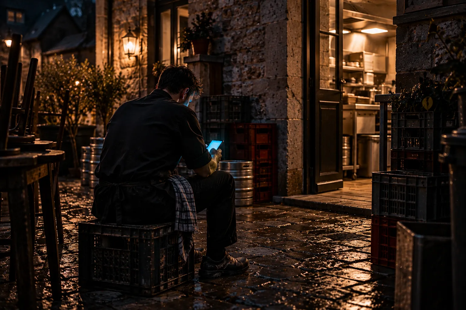 La nuit, sur le seuil de la cuisine d'un restaurant de village, un restaurateur vu de dos se penche sur son GSM pour répondre à un avis négatif sur Google