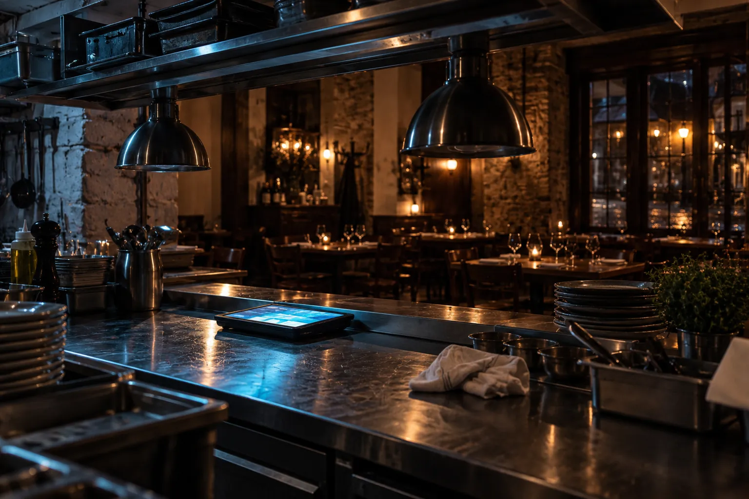 Réservation en ligne restaurant : après le service, une tablette à l'écran illisible posée sur le passe en inox d'une cuisine de village