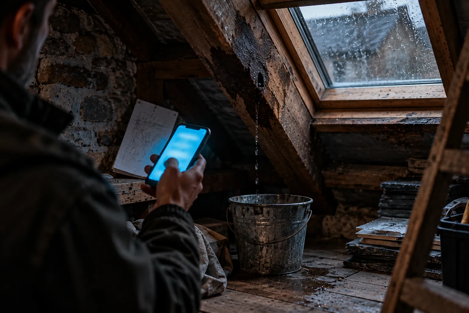 Dans un grenier en pierre, un seau sous une fuite ; au premier plan, une main tient un GSM allumé près d'un papier griffonné : le client qui cherche un site internet artisan avant d'appeler