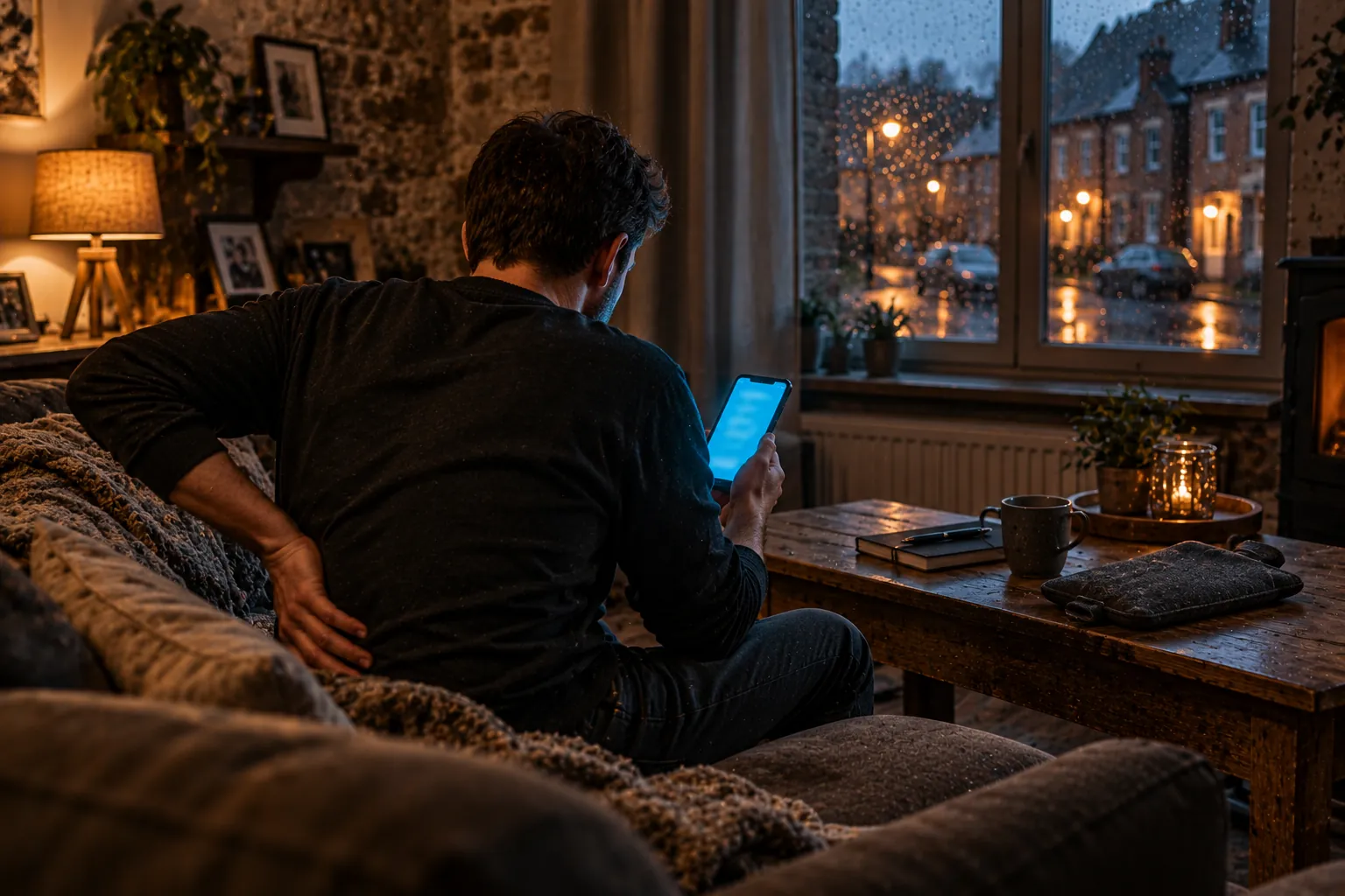 Le soir, dans le salon d'une maison en brique, un homme vu de dos sur un canapé, une main sur les reins, cherche sur son GSM : illustration pour la question « site internet ou page Facebook »