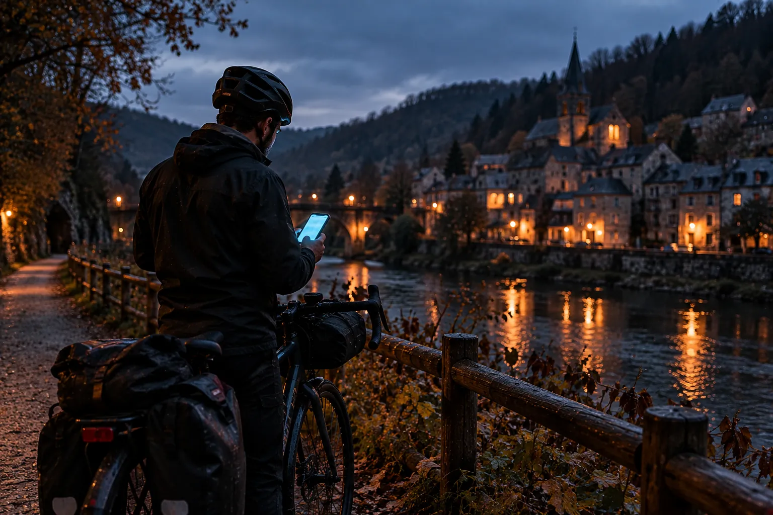 Site internet restaurant : au crépuscule, sur une voie verte au bord d'une rivière, un cycliste vu de dos consulte son GSM, dont l'écran illisible diffuse une lueur cyan, face aux fenêtres éclairées d'un village de pierre