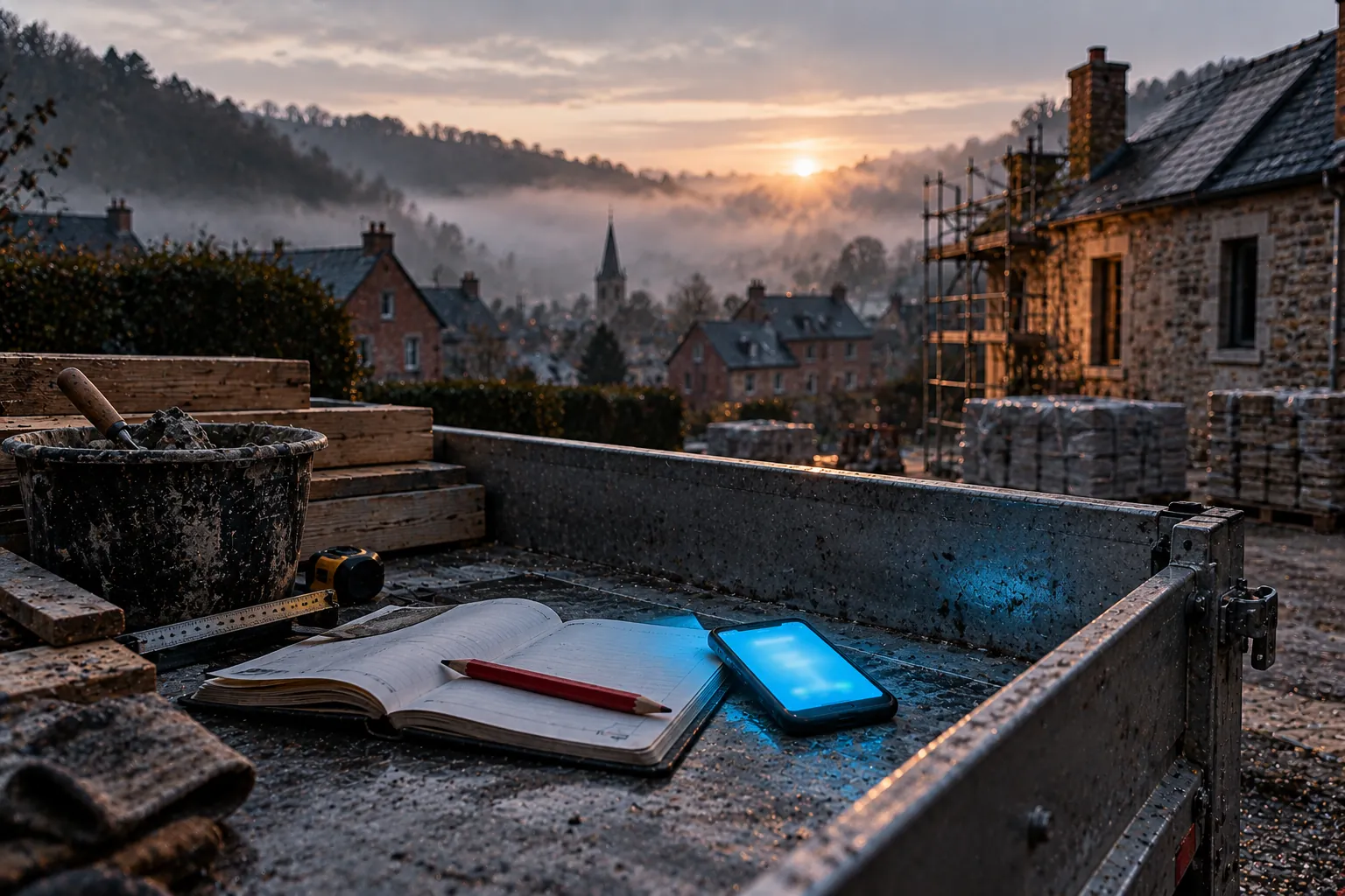 À l'aube, sur le plateau d'une remorque, un agenda à moitié vide et un GSM allumé, devant des maisons en brique dans la brume : l'agenda d'un artisan qui veut trouver des chantiers