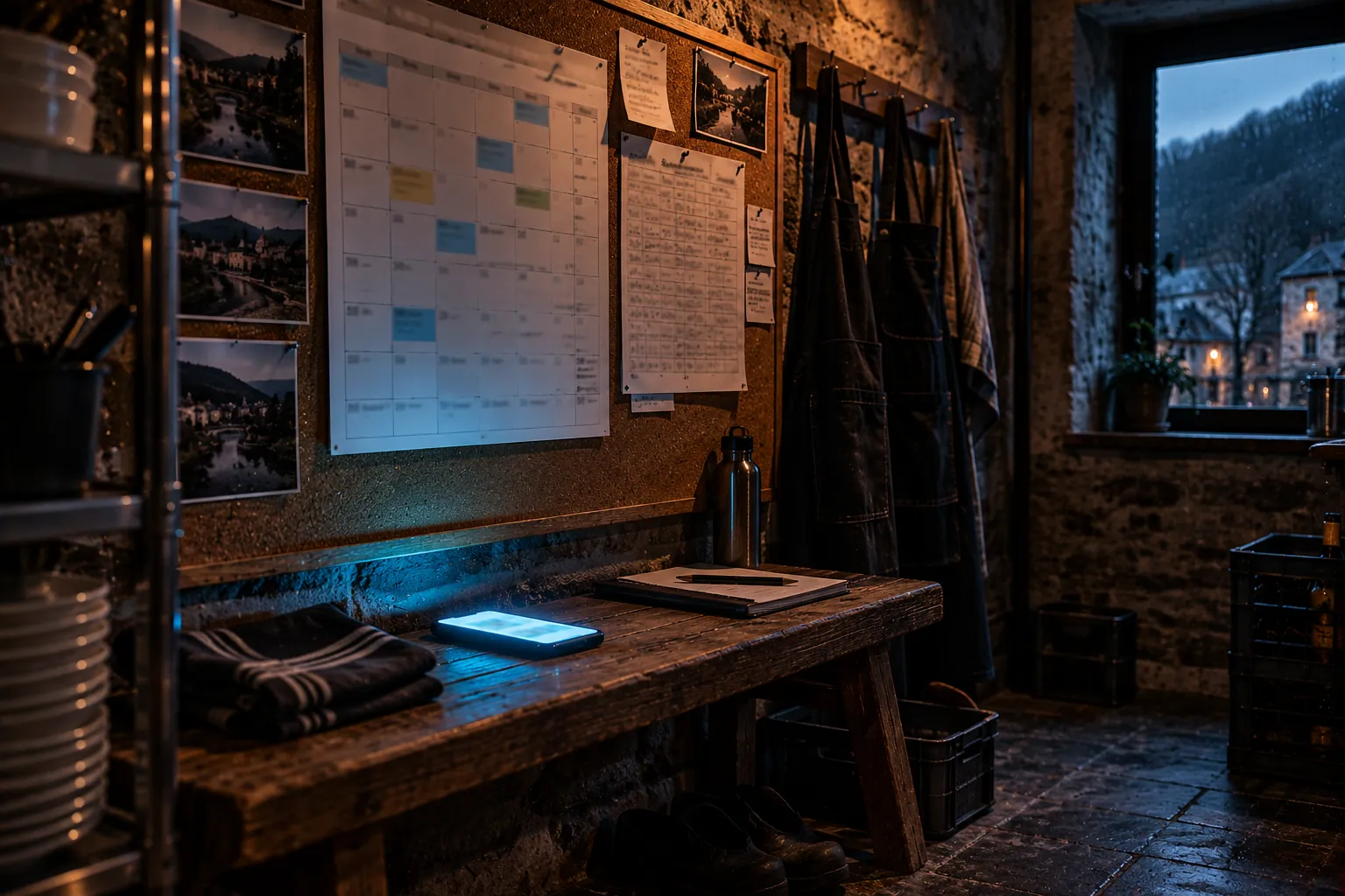 Tableau en liège d'un vestiaire de restaurant, calendrier flou et planning punaisés, GSM allumé sur le banc : préparer les vacances flamandes 2027
